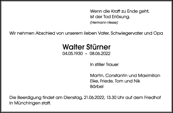 Traueranzeige von Walter Stürner von Leonberger Kreiszeitung / Strohgäu Extra