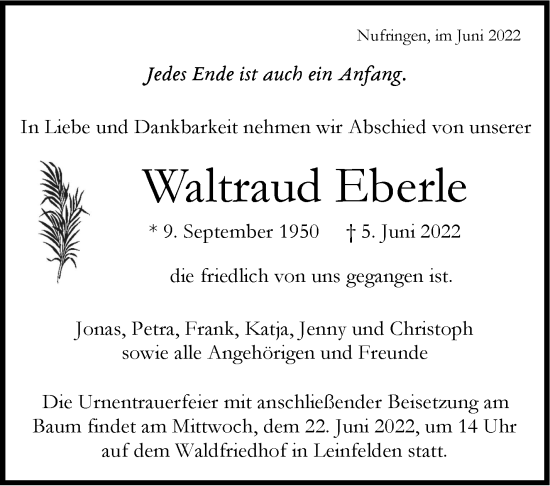 Traueranzeige von Waltraud Eberle von Leonberger Kreiszeitung / Strohgäu Extra