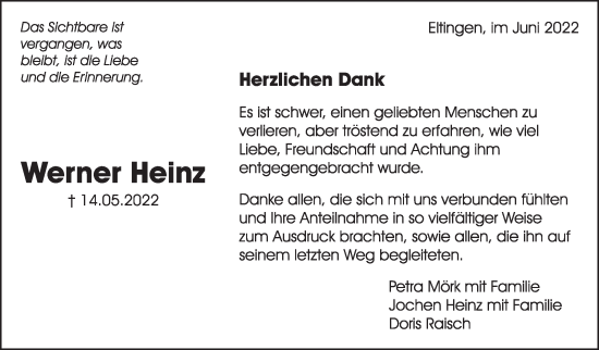 Traueranzeige von Werner Heinz von Leonberger Kreiszeitung / Strohgäu Extra