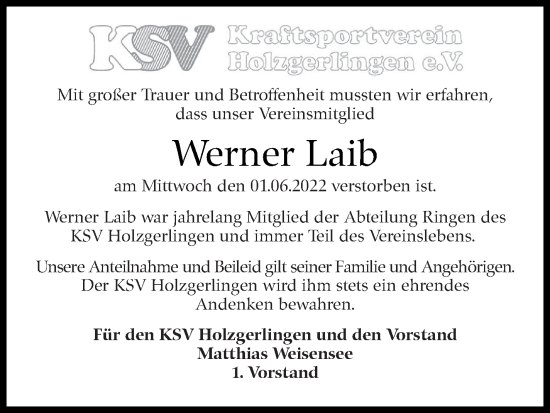 Traueranzeige von Werner Laib von Leonberger Kreiszeitung / Strohgäu Extra