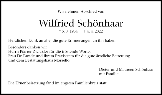 Traueranzeige von Wilfried Schönhaar von Leonberger Kreiszeitung / Strohgäu Extra