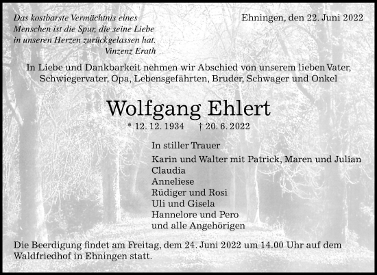 Traueranzeige von Wolfgang Ehlert von Leonberger Kreiszeitung / Strohgäu Extra