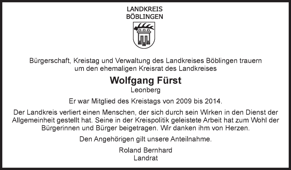  Traueranzeige für Wolfgang Fürst vom 25.06.2022 aus Leonberger Kreiszeitung / Strohgäu Extra