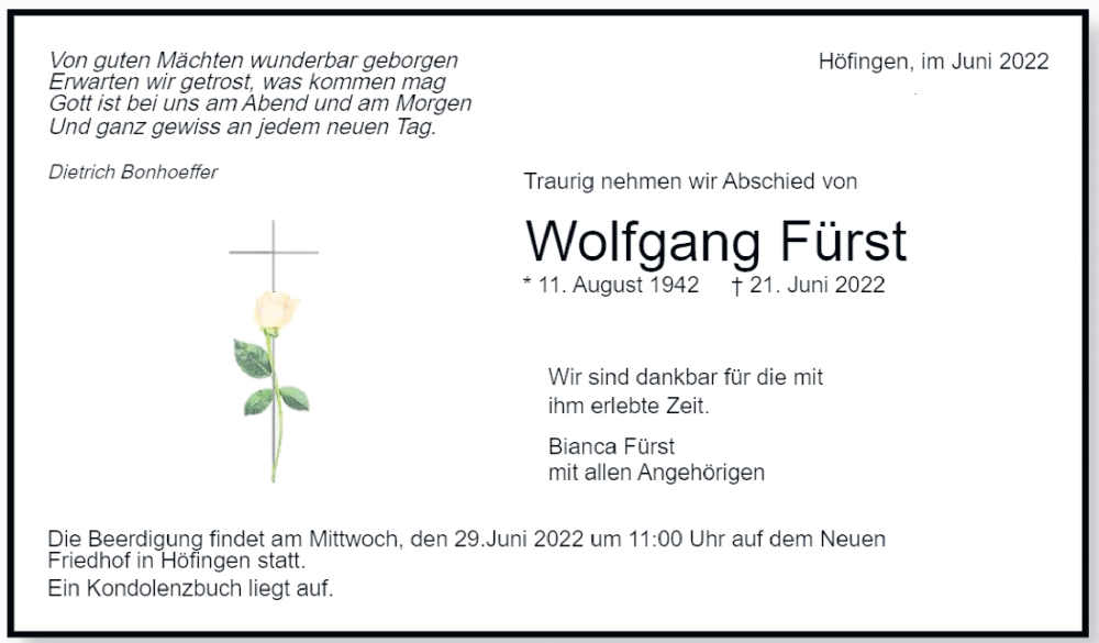  Traueranzeige für Wolfgang Fürst vom 25.06.2022 aus Leonberger Kreiszeitung / Strohgäu Extra