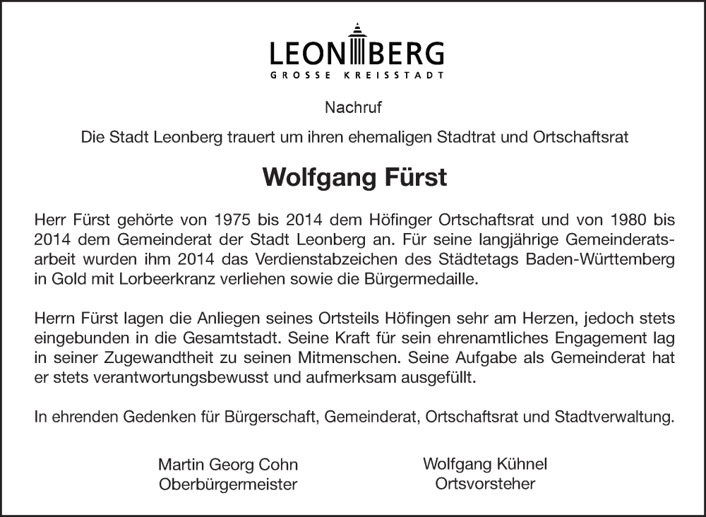  Traueranzeige für Wolfgang Fürst vom 28.06.2022 aus Leonberger Kreiszeitung / Strohgäu Extra