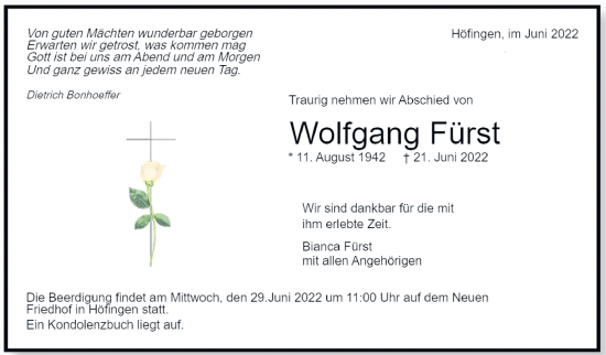 Traueranzeige von Wolfgang Fürst von Leonberger Kreiszeitung / Strohgäu Extra