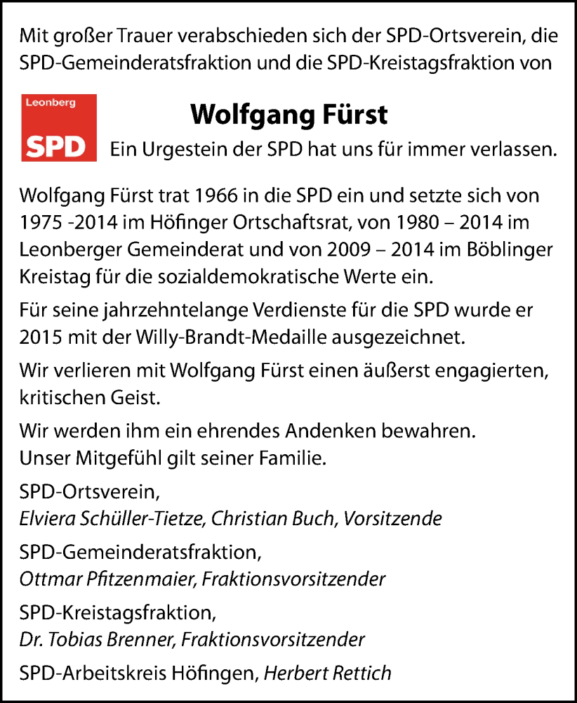  Traueranzeige für Wolfgang Fürst vom 28.06.2022 aus Leonberger Kreiszeitung / Strohgäu Extra