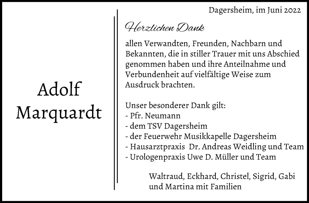  Traueranzeige für Adolf Marquardt vom 20.07.2022 aus Leonberger Kreiszeitung / Strohgäu Extra
