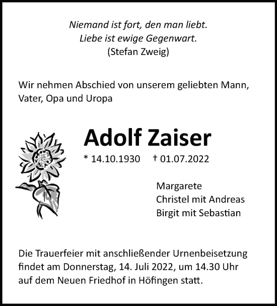 Traueranzeige von Adolf Zaiser von Leonberger Kreiszeitung / Strohgäu Extra