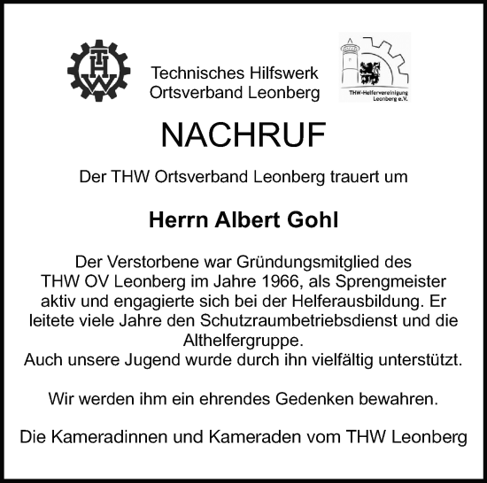 Traueranzeige von Albert Gohl von Leonberger Kreiszeitung / Strohgäu Extra