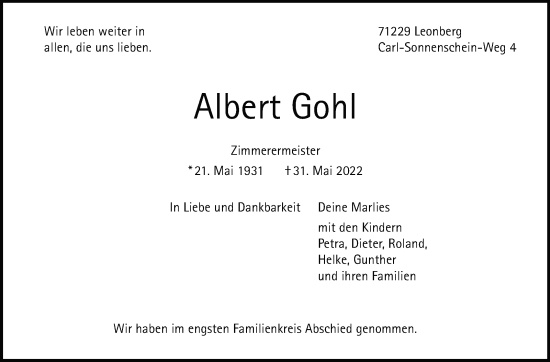 Traueranzeige von Albert Gohl von Leonberger Kreiszeitung / Strohgäu Extra