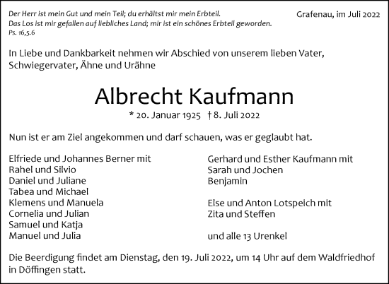 Traueranzeige von Albrecht Kaufmann von Leonberger Kreiszeitung / Strohgäu Extra
