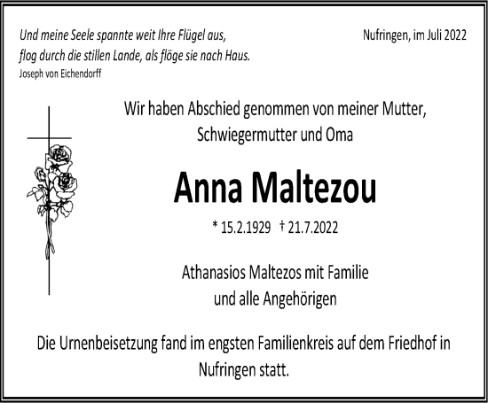 Traueranzeige von Anna Maltezou von Leonberger Kreiszeitung / Strohgäu Extra