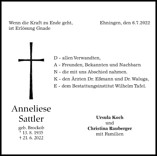 Traueranzeige von Anneliese Sattler von Leonberger Kreiszeitung / Strohgäu Extra