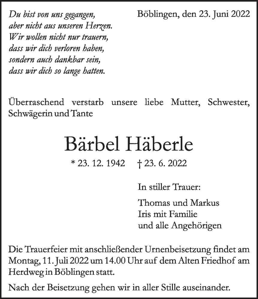  Traueranzeige für Bärbel Häberle vom 02.07.2022 aus Leonberger Kreiszeitung / Strohgäu Extra