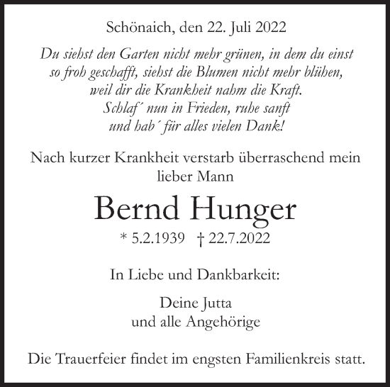 Traueranzeige von Bernd Hunger von Leonberger Kreiszeitung / Strohgäu Extra