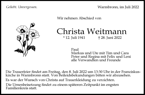 Traueranzeige von Christa Weitmann von Leonberger Kreiszeitung / Strohgäu Extra