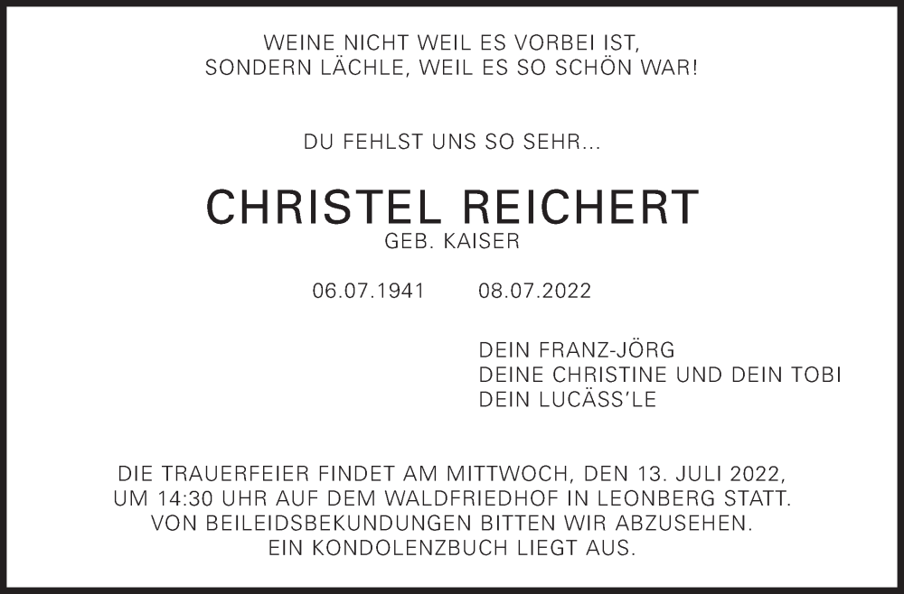  Traueranzeige für Christel Reichert vom 12.07.2022 aus Leonberger Kreiszeitung / Strohgäu Extra