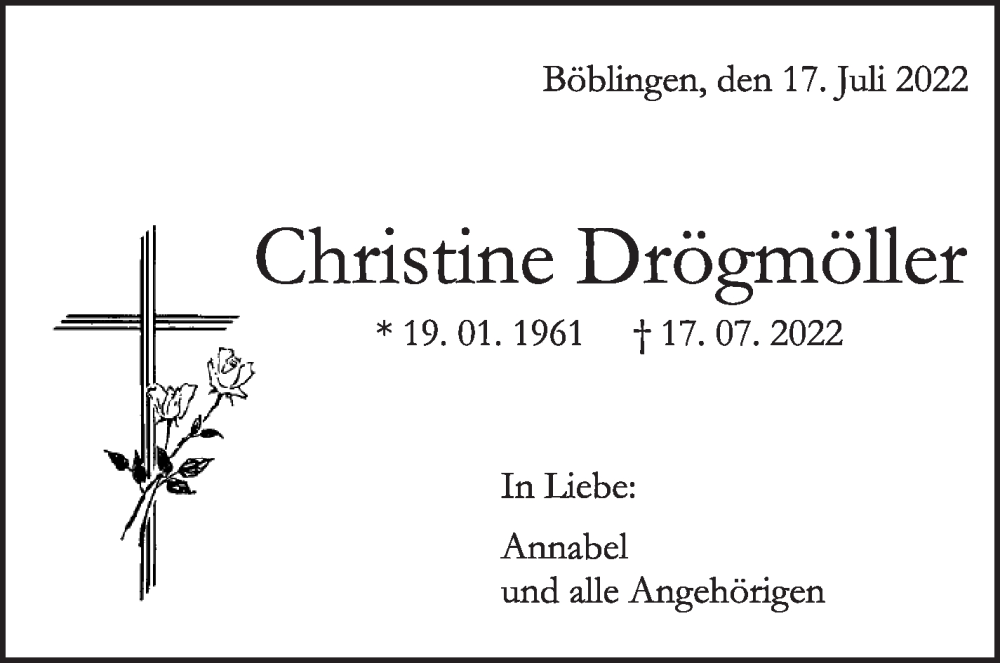  Traueranzeige für Christine Drögmöller vom 23.07.2022 aus Leonberger Kreiszeitung / Strohgäu Extra