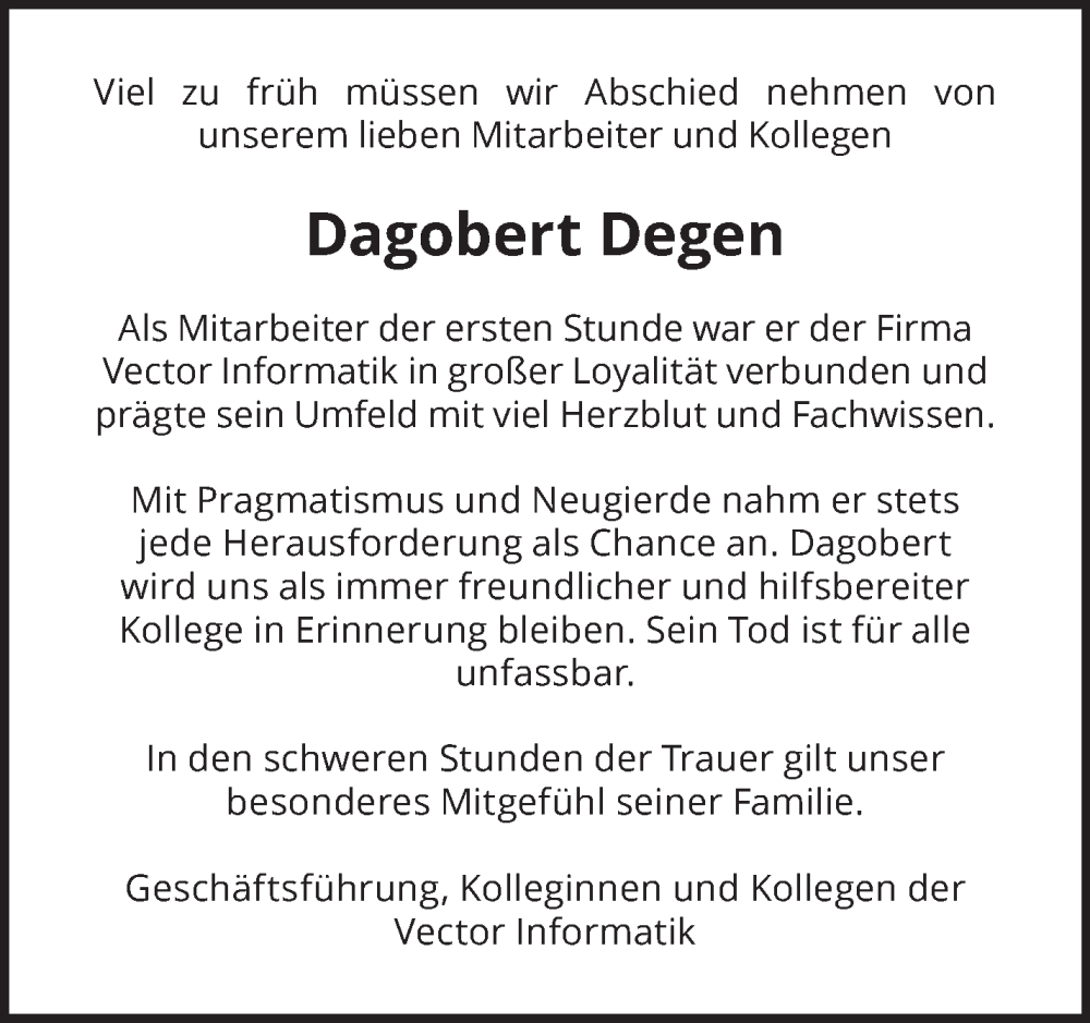  Traueranzeige für Dagobert Degen vom 09.07.2022 aus Leonberger Kreiszeitung / Strohgäu Extra