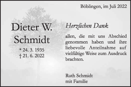 Traueranzeige von Dieter Schmidt von Leonberger Kreiszeitung / Strohgäu Extra