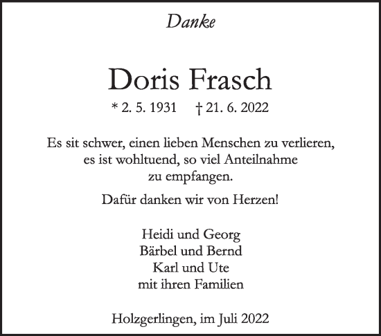 Traueranzeige von Doris Frasch von Leonberger Kreiszeitung / Strohgäu Extra