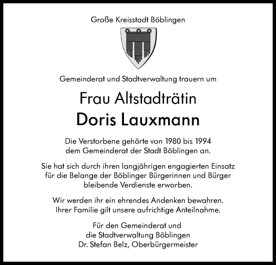 Traueranzeige von Doris Lauxmann von Leonberger Kreiszeitung / Strohgäu Extra