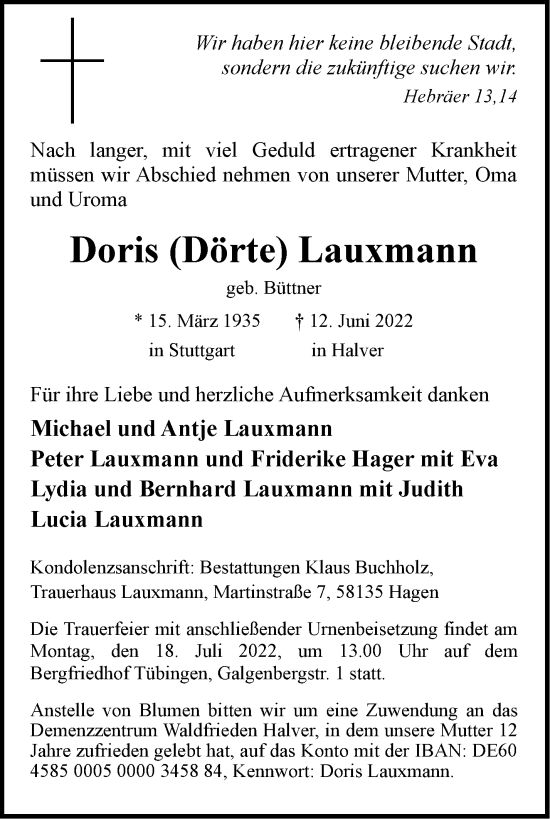 Traueranzeige von Doris Lauxmann von Leonberger Kreiszeitung / Strohgäu Extra