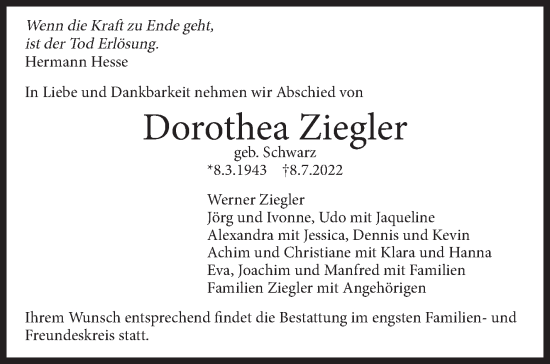 Traueranzeige von Dorothea Ziegler von Leonberger Kreiszeitung / Strohgäu Extra