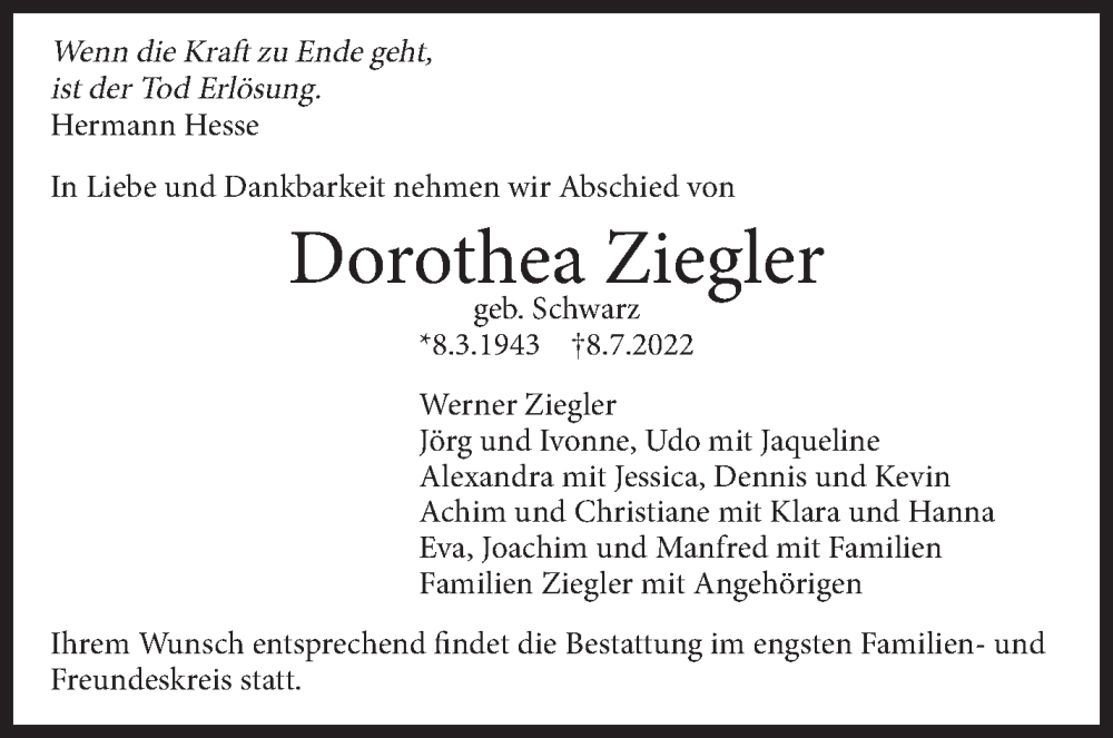  Traueranzeige für Dorothea Ziegler vom 16.07.2022 aus Leonberger Kreiszeitung / Strohgäu Extra