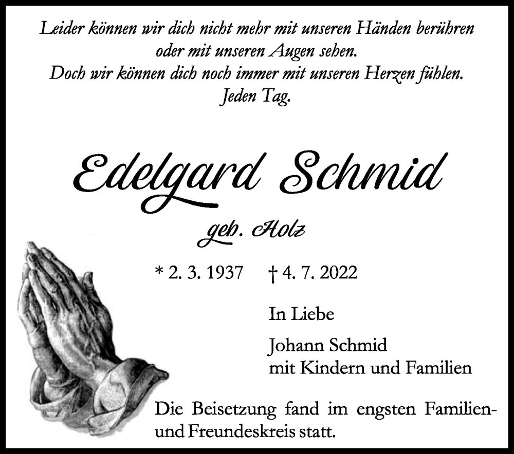  Traueranzeige für Edelgard Schmid vom 14.07.2022 aus Leonberger Kreiszeitung / Strohgäu Extra