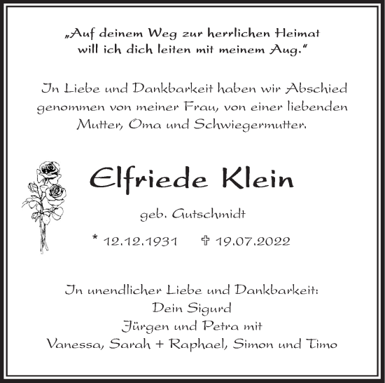 Traueranzeige von Elfriede Klein von Leonberger Kreiszeitung / Strohgäu Extra