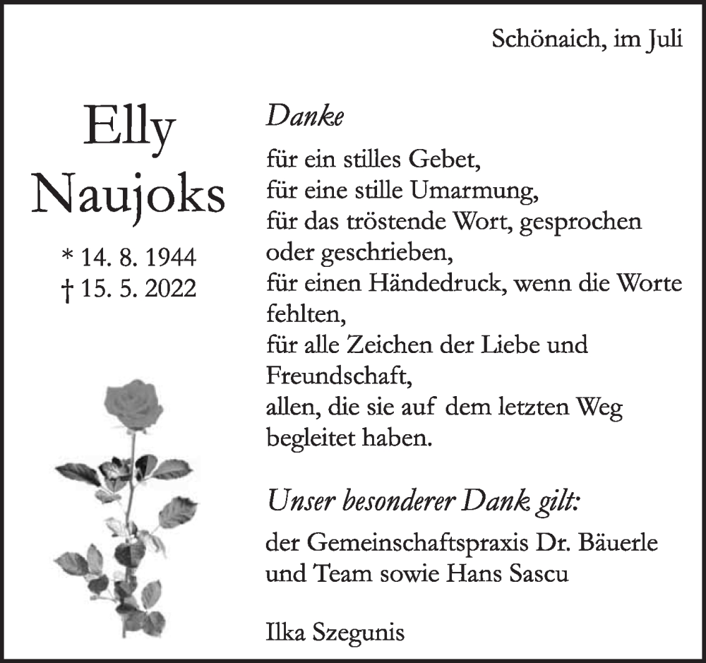  Traueranzeige für Elly Naujoks vom 21.07.2022 aus Leonberger Kreiszeitung / Strohgäu Extra