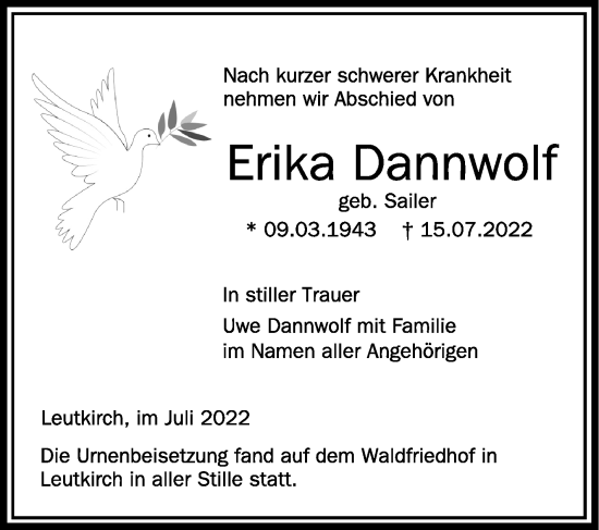 Traueranzeige von Erika Dannwolf von Leonberger Kreiszeitung / Strohgäu Extra