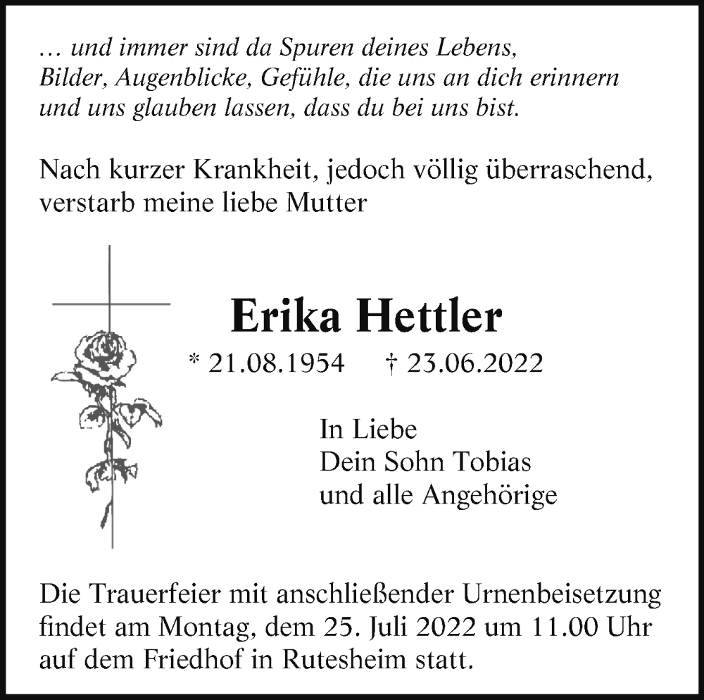  Traueranzeige für Erika Hettler vom 16.07.2022 aus Leonberger Kreiszeitung / Strohgäu Extra