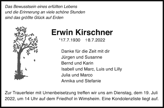 Traueranzeige von Erwin Kirschner von Leonberger Kreiszeitung / Strohgäu Extra