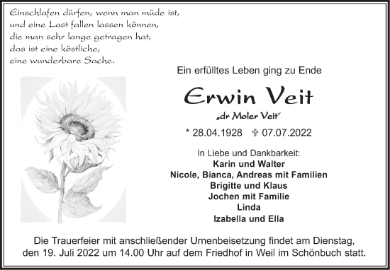 Traueranzeige von Erwin Veit von Leonberger Kreiszeitung / Strohgäu Extra
