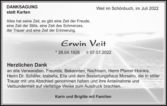 Traueranzeige von Erwin Veit von Leonberger Kreiszeitung / Strohgäu Extra