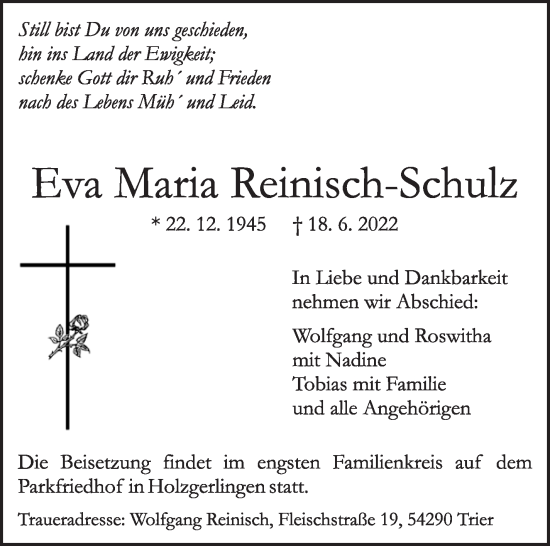 Traueranzeige von Eva Maria Reinisch-Schulz von Leonberger Kreiszeitung / Strohgäu Extra