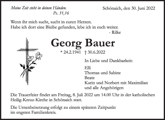 Traueranzeige von Georg Bauer von Leonberger Kreiszeitung / Strohgäu Extra