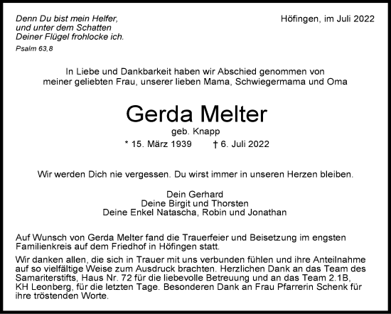 Traueranzeige von Gerda Melter von Leonberger Kreiszeitung / Strohgäu Extra