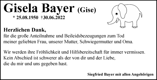 Traueranzeige von Gisela Bayer von Leonberger Kreiszeitung / Strohgäu Extra