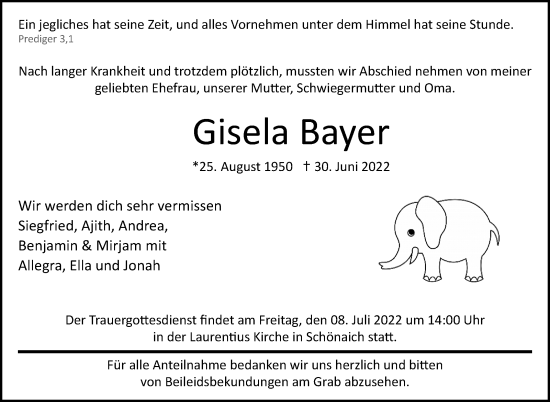 Traueranzeige von Gisela Bayer von Leonberger Kreiszeitung / Strohgäu Extra