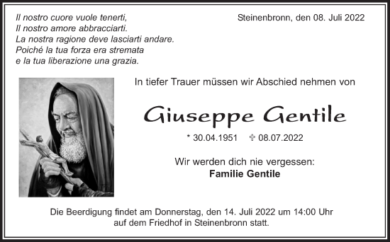 Traueranzeige von Giuseppe Gentile von Leonberger Kreiszeitung / Strohgäu Extra