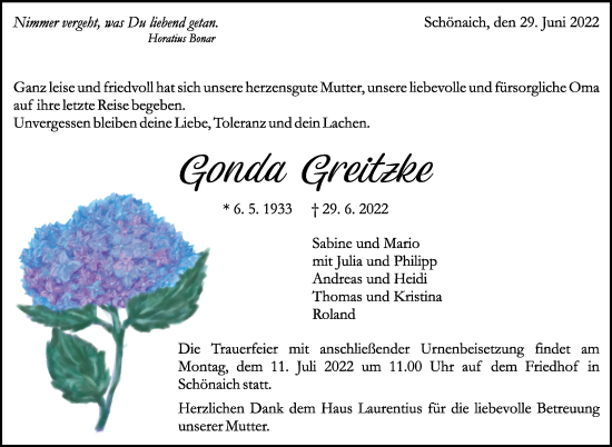 Traueranzeige von Gonda Greitzke von Leonberger Kreiszeitung / Strohgäu Extra