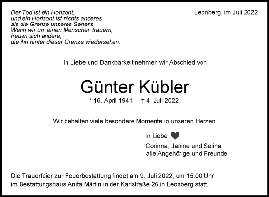 Traueranzeige von Günter Kübler von Leonberger Kreiszeitung / Strohgäu Extra