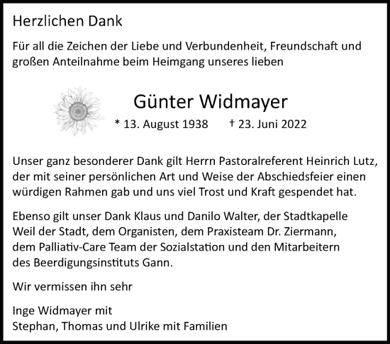 Traueranzeige von Günter Widmayer von Leonberger Kreiszeitung / Strohgäu Extra