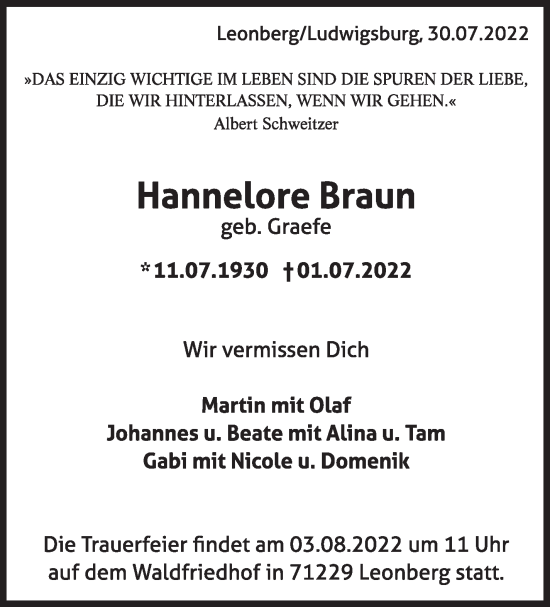 Traueranzeige von Hannelore Braun von Leonberger Kreiszeitung / Strohgäu Extra