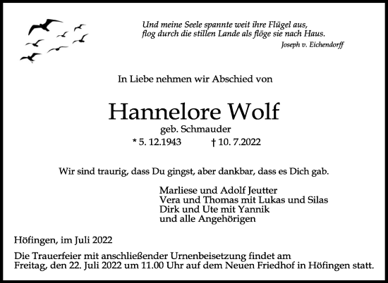 Traueranzeige von Hannelore Wolf von Leonberger Kreiszeitung / Strohgäu Extra