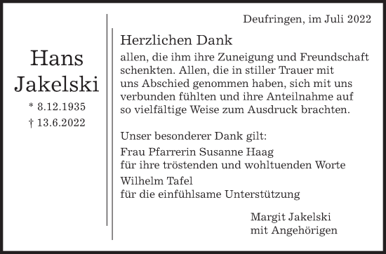 Traueranzeige von Hans Jakelski von Leonberger Kreiszeitung / Strohgäu Extra